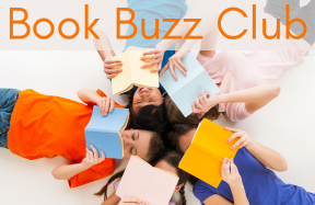 Image of five tweens in a circle reading books. The words say Book Buzz Club.