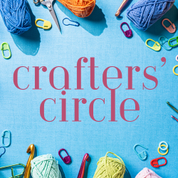 Blue background with skeins of yarn and knitting and crochet tools around the edges. Text says Crafters' Circle.