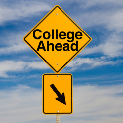 Image with a blue sky and cloud background and a road sign saying College Ahead with an arrow pointing to the lower right.