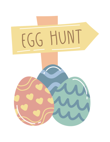 Sign says "Egg Hunt" with three Easter eggs