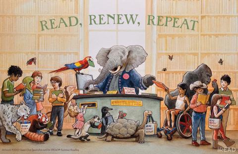 Art for Summer Reading. Text reads: Read, renew, repeat. There is an elephant at the desk and people and animals all around. 