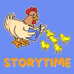 Storytime logo with a chicken reading to her chicks