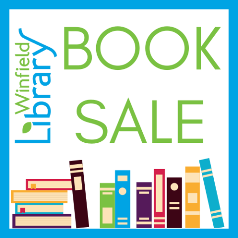 Square image with library logo, words Book Sale and images of books. 