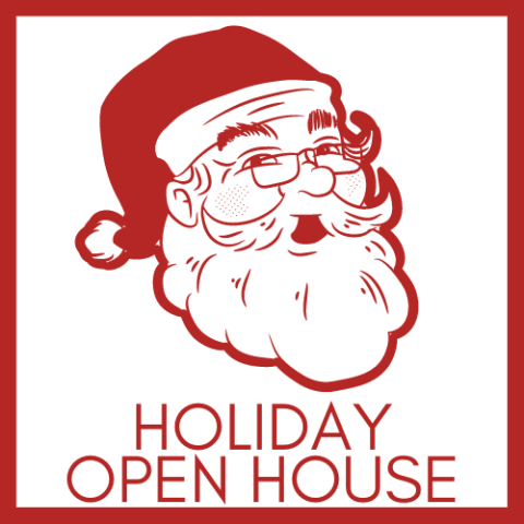 Drawing of Santa with the words Holiday Open House