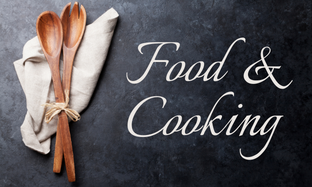 Photo of two wooden spoons and a napkin against a white background. Script says Food & Cooking.