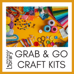 A square image with a yellow border and image of craft supplies on a yellow background. The library's logo is included with the words Grab & Go Craft Kits