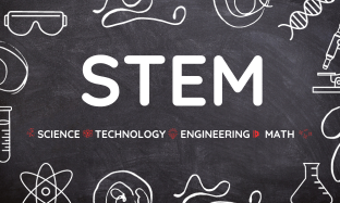 On a black background, you can see white text saying STEM. Underneath are the words science, technology, engineering, math.