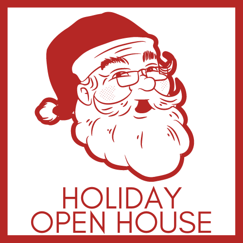 Drawing of Santa with the words Holiday Open House